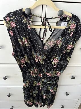 CAbi Black Floral & Polka Dot Surplice Romper